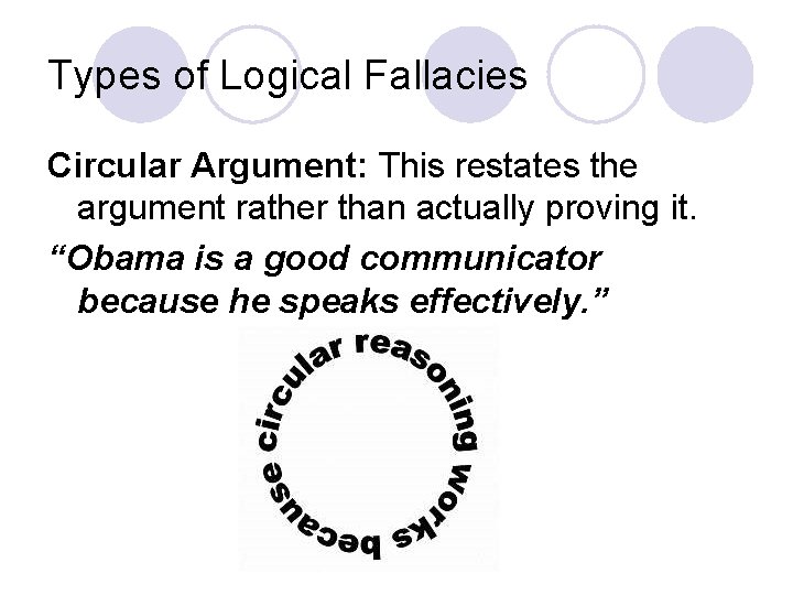 Types of Logical Fallacies Circular Argument: This restates the argument rather than actually proving