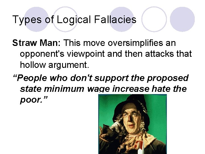 Types of Logical Fallacies Straw Man: This move oversimplifies an opponent's viewpoint and then