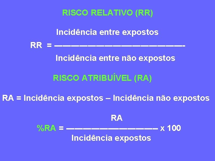 RISCO RELATIVO (RR) Incidência entre expostos RR = -----------------------Incidência entre não expostos RISCO ATRIBUÍVEL