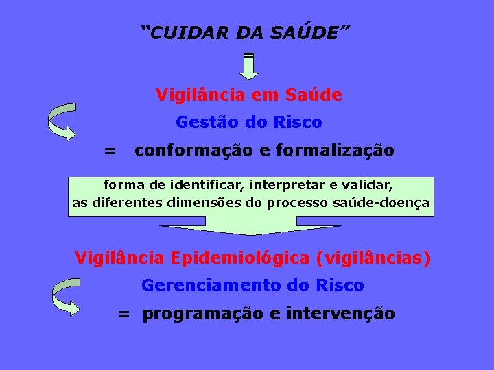 “CUIDAR DA SAÚDE” Vigilância em Saúde Gestão do Risco = conformação e formalização forma