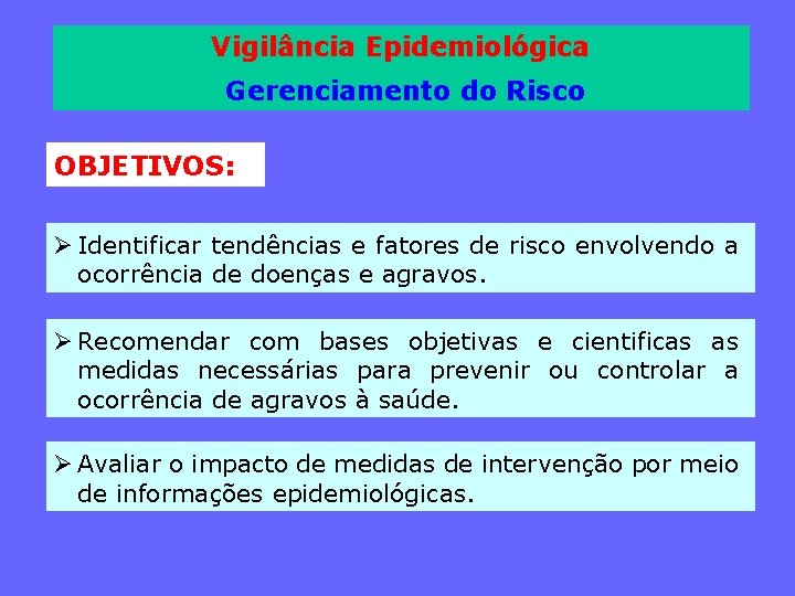 Vigilância Epidemiológica Gerenciamento do Risco OBJETIVOS: Ø Identificar tendências e fatores de risco envolvendo
