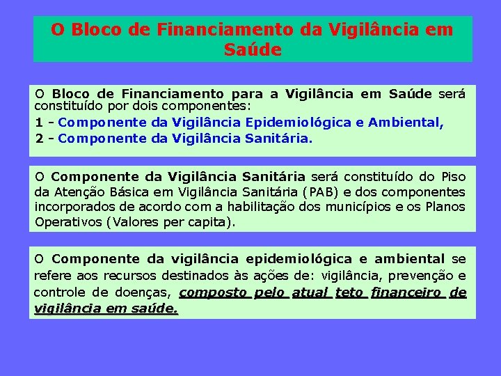 O Bloco de Financiamento da Vigilância em Saúde O Bloco de Financiamento para a