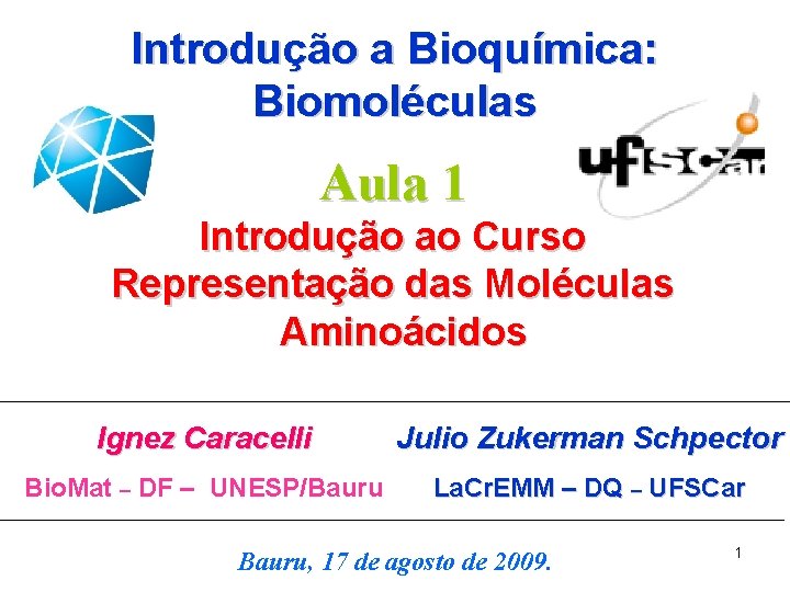 Introdução a Bioquímica: Biomoléculas Aula 1 Introdução ao Curso Representação das Moléculas Aminoácidos Ignez