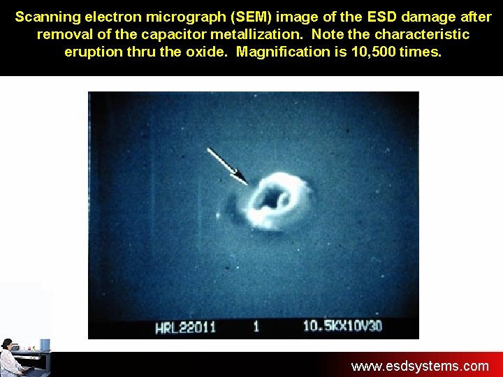 Scanning electron micrograph (SEM) image of the ESD damage after removal of the capacitor