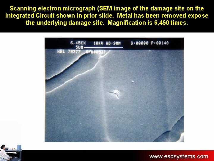 Scanning electron micrograph (SEM image of the damage site on the Integrated Circuit shown