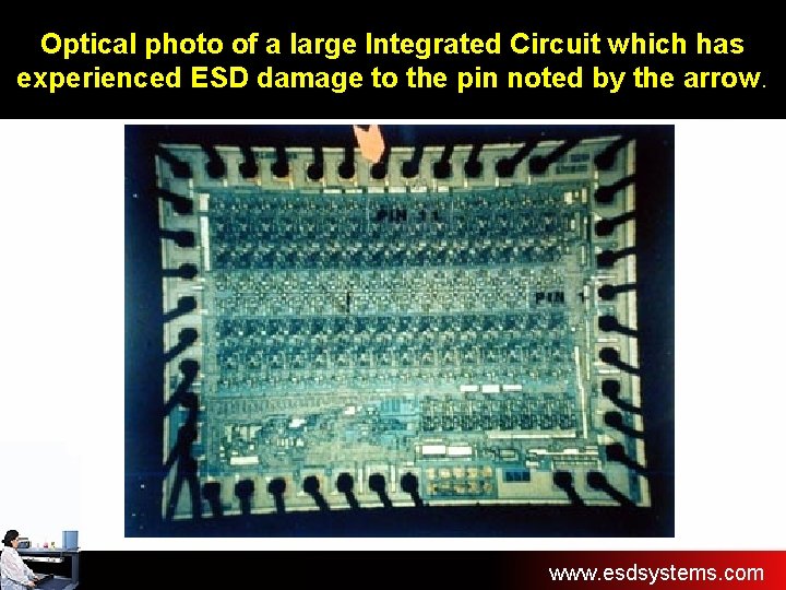 Optical photo of a large Integrated Circuit which has experienced ESD damage to the