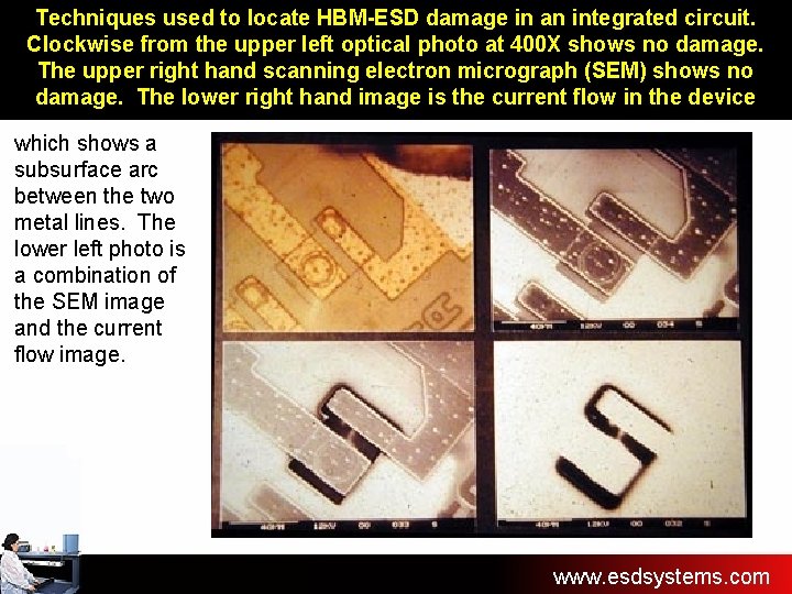 Techniques used to locate HBM-ESD damage in an integrated circuit. Clockwise from the upper