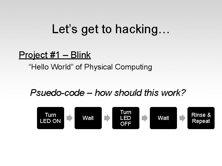 Let’s get to hacking… Project #1 – Blink “Hello World” of Physical Computing Psuedo-code