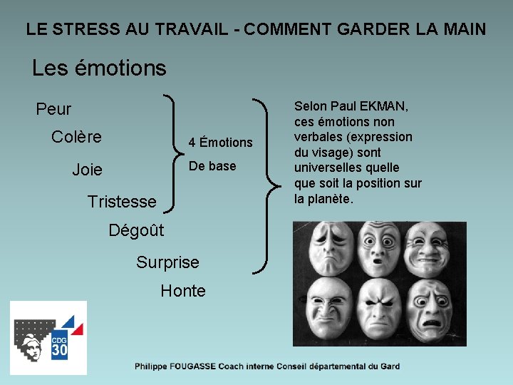 LE STRESS AU TRAVAIL - COMMENT GARDER LA MAIN Les émotions Peur Colère 4