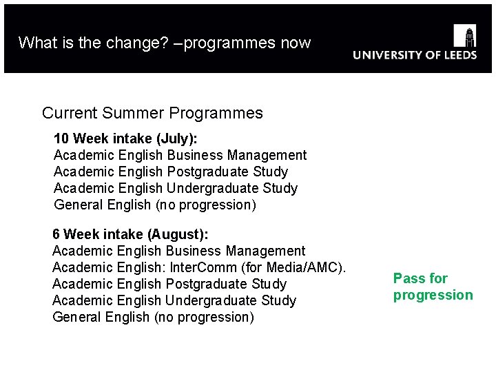 What is the change? –programmes now Current Summer Programmes 10 Week intake (July): Academic