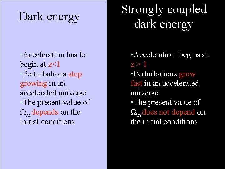 Dark energy • Acceleration has to begin at z<1 • Perturbations stop growing in