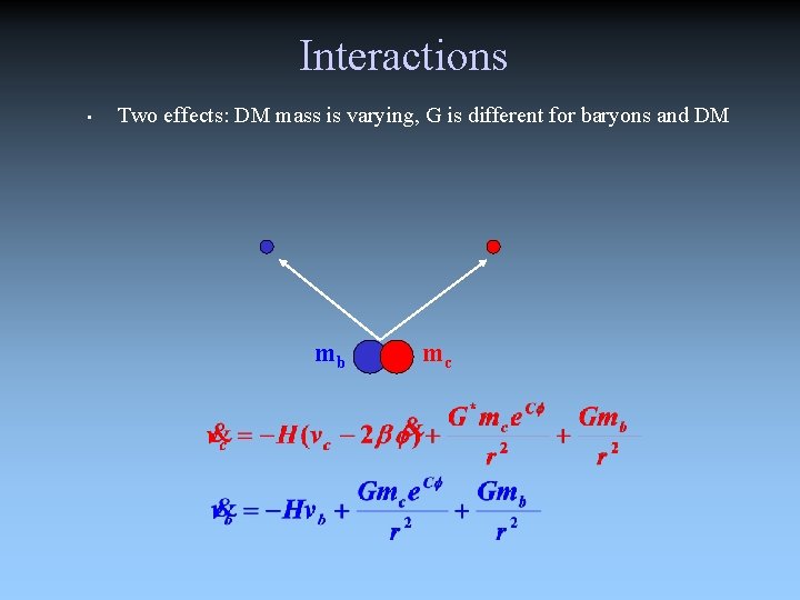 Interactions • Two effects: DM mass is varying, G is different for baryons and
