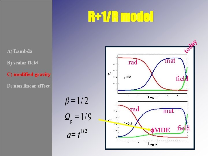 da y R+1/R model B) scalar field to A) Lambda rad mat C) modified