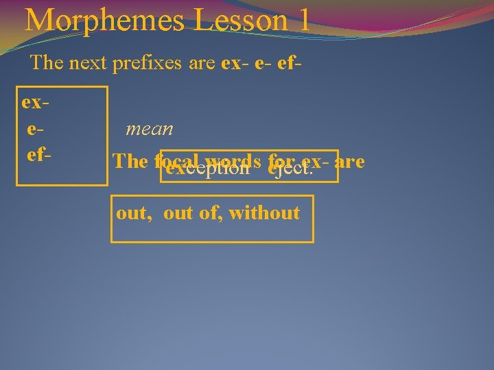 Morphemes Lesson 1 The next prefixes are ex- e- efex e ef- mean The