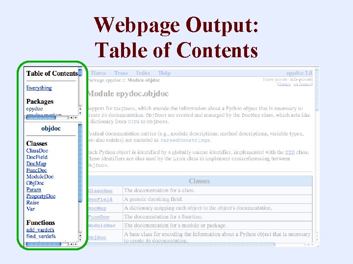 Webpage Output: Table of Contents 