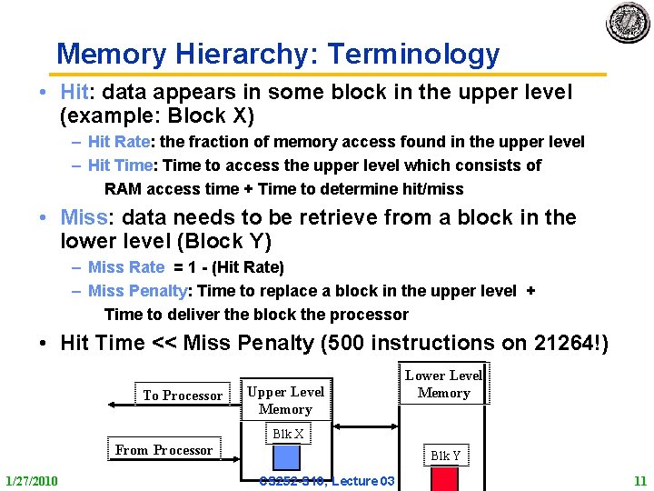 Memory Hierarchy: Terminology • Hit: data appears in some block in the upper level Memory Hierarchy: Terminology • Hit: data appears in some block in the upper level