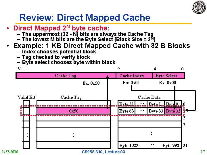 Review: Direct Mapped Cache • Direct Mapped 2 N byte cache: – The uppermost Review: Direct Mapped Cache • Direct Mapped 2 N byte cache: – The uppermost