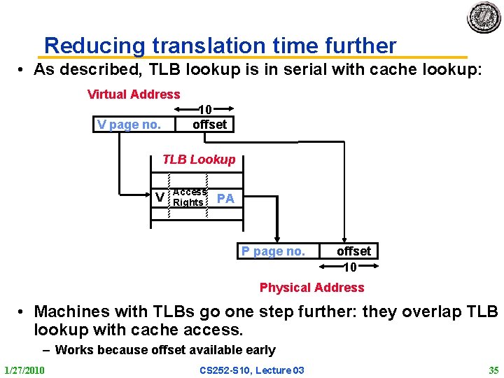 Reducing translation time further • As described, TLB lookup is in serial with cache Reducing translation time further • As described, TLB lookup is in serial with cache