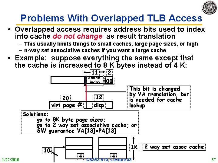 Problems With Overlapped TLB Access • Overlapped access requires address bits used to index Problems With Overlapped TLB Access • Overlapped access requires address bits used to index