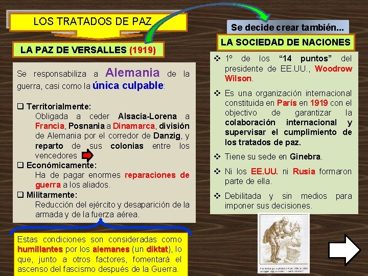 LOS TRATADOS DE PAZ Se decide crear también. . . LA SOCIEDAD DE NACIONES