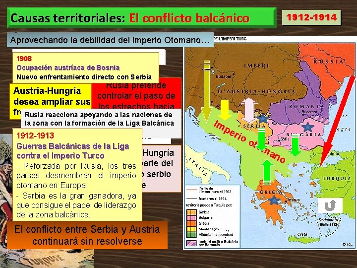 Causas territoriales: El conflicto balcánico Aprovechando la debilidad del imperio Otomano… • Tensiones provocadas