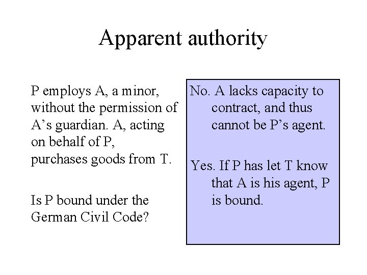 Apparent authority P employs A, a minor, No. A lacks capacity to without the Apparent authority P employs A, a minor, No. A lacks capacity to without the
