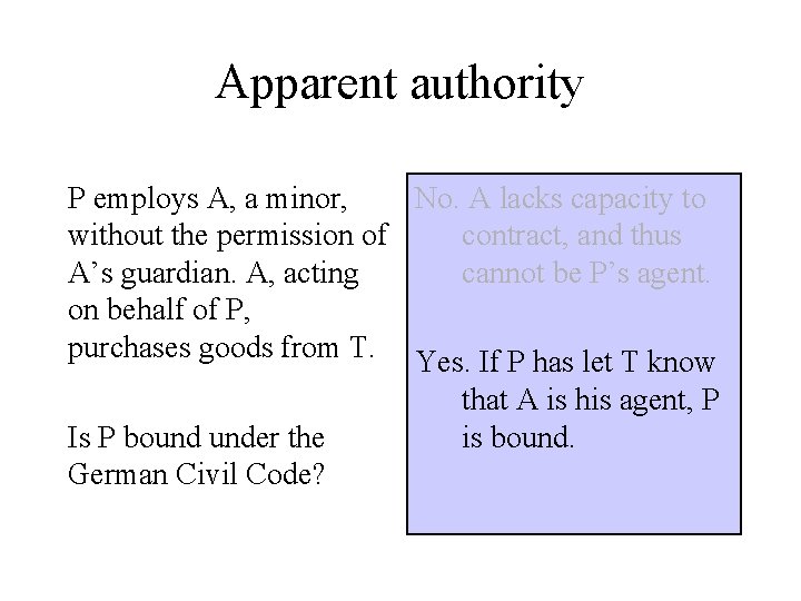 Apparent authority P employs A, a minor, No. A lacks capacity to without the Apparent authority P employs A, a minor, No. A lacks capacity to without the