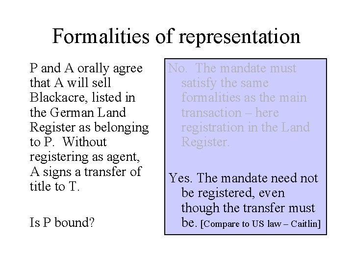 Formalities of representation P and A orally agree that A will sell Blackacre, listed