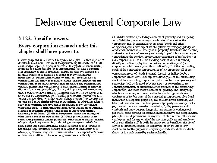 Delaware General Corporate Law § 122. Specific powers. Every corporation created under this chapter