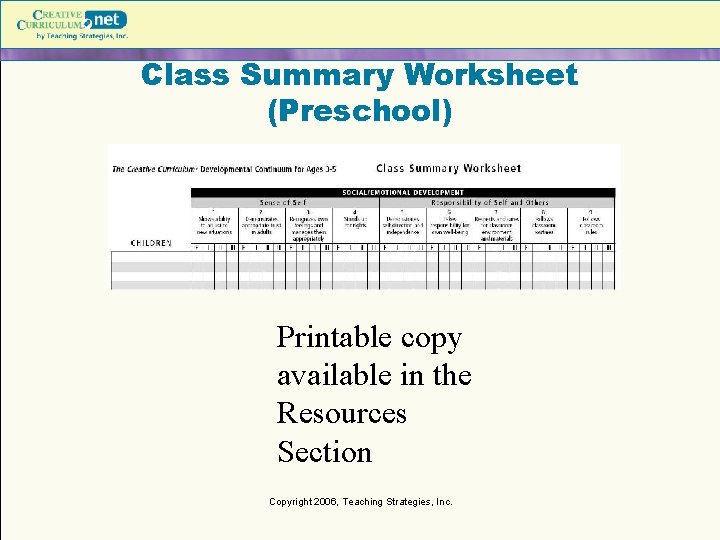 Class Summary Worksheet (Preschool) Printable copy available in the Resources Section Copyright 2006, Teaching Class Summary Worksheet (Preschool) Printable copy available in the Resources Section Copyright 2006, Teaching