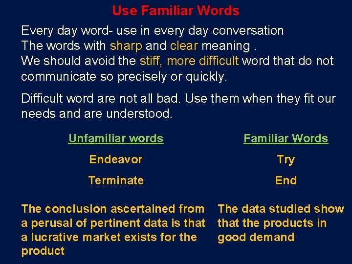 Use Familiar Words Every day word- use in every day conversation The words with