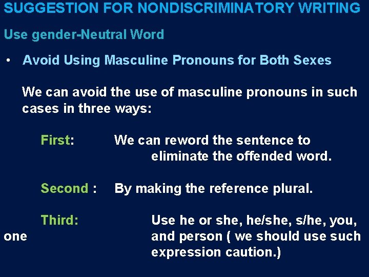 SUGGESTION FOR NONDISCRIMINATORY WRITING Use gender-Neutral Word • Avoid Using Masculine Pronouns for Both