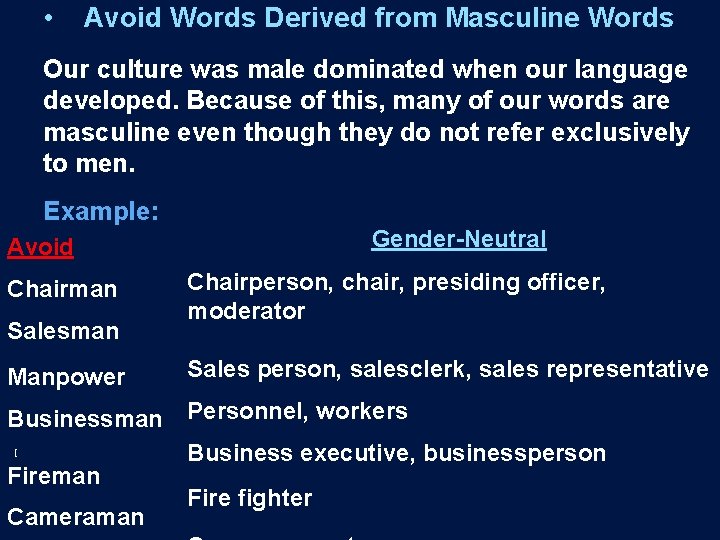  • Avoid Words Derived from Masculine Words Our culture was male dominated when