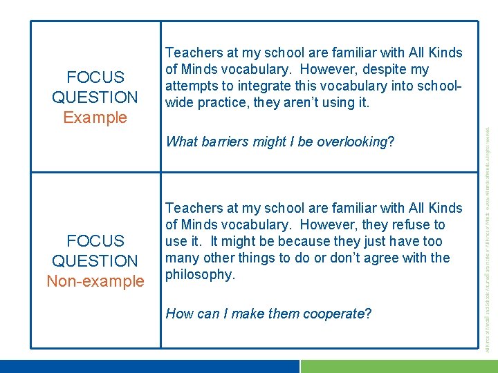 FOCUS QUESTION Example Teachers at my school are familiar with All Kinds of Minds