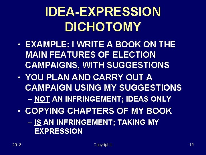 IDEA-EXPRESSION DICHOTOMY • EXAMPLE: I WRITE A BOOK ON THE MAIN FEATURES OF ELECTION
