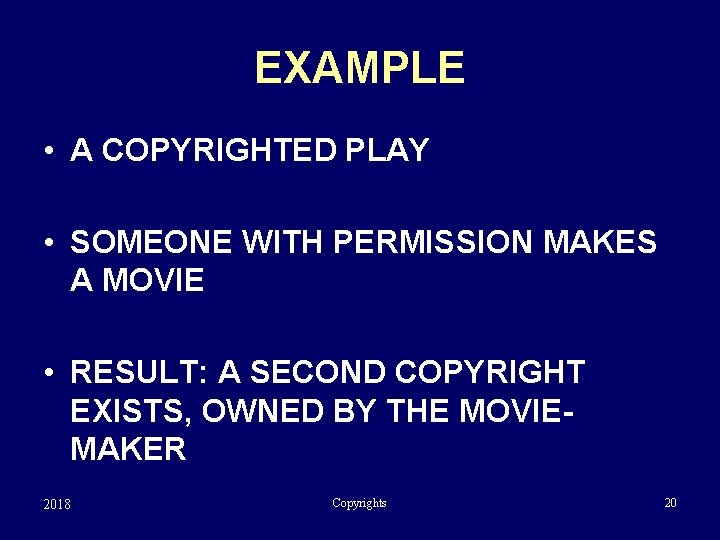 EXAMPLE • A COPYRIGHTED PLAY • SOMEONE WITH PERMISSION MAKES A MOVIE • RESULT: