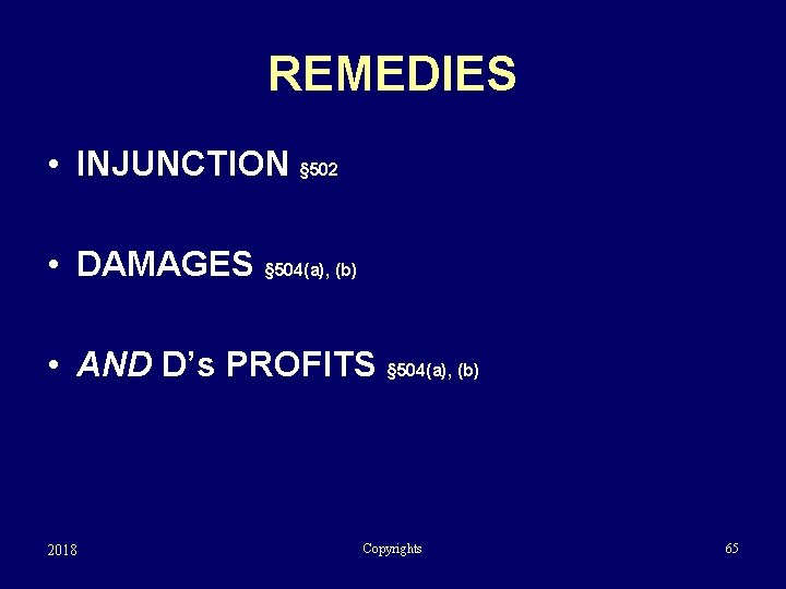 REMEDIES • INJUNCTION § 502 • DAMAGES § 504(a), (b) • AND D’s PROFITS