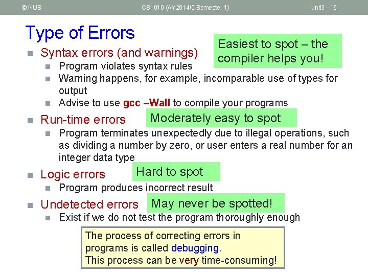 © NUS CS 1010 (AY 2014/5 Semester 1) Type of Errors n Syntax errors