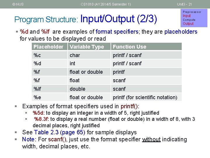 © NUS CS 1010 (AY 2014/5 Semester 1) Unit 3 - 21 Program Structure: