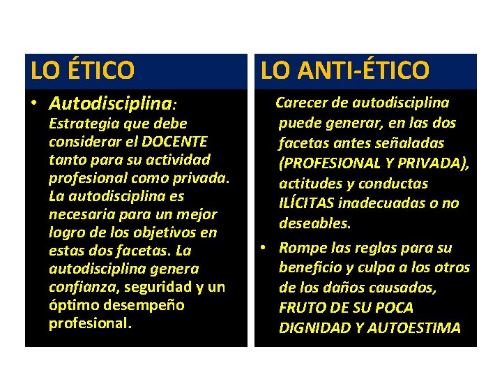 LO ÉTICO LO ANTI-ÉTICO • Autodisciplina: Carecer de autodisciplina puede generar, en las dos