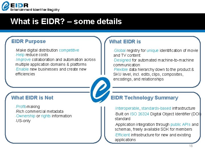 What is EIDR? – some details EIDR Purpose Make digital distribution competitive • Help What is EIDR? – some details EIDR Purpose Make digital distribution competitive • Help