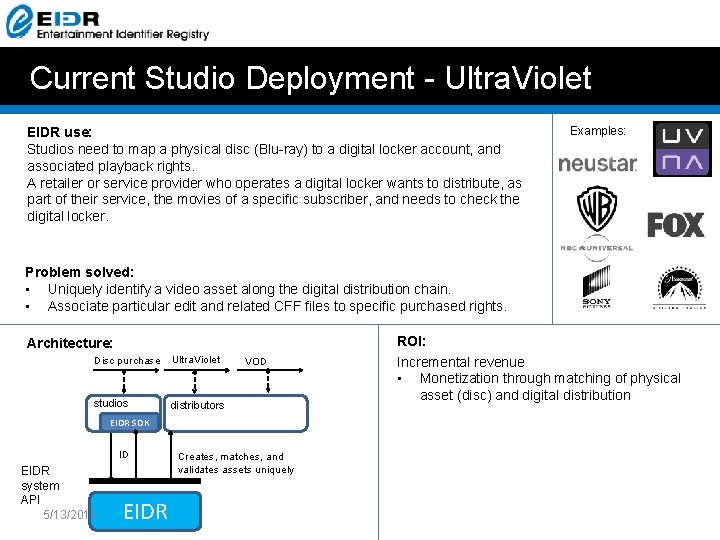 Current Studio Deployment - Ultra. Violet EIDR use: Studios need to map a physical Current Studio Deployment - Ultra. Violet EIDR use: Studios need to map a physical