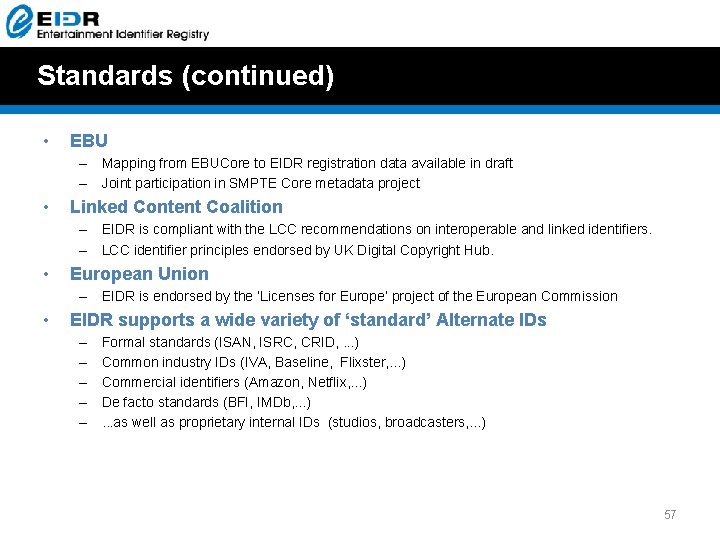 Standards (continued) • EBU – Mapping from EBUCore to EIDR registration data available in Standards (continued) • EBU – Mapping from EBUCore to EIDR registration data available in