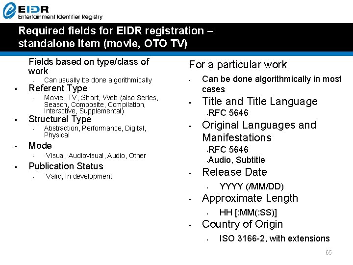 Required fields for EIDR registration – standalone item (movie, OTO TV) Fields based on Required fields for EIDR registration – standalone item (movie, OTO TV) Fields based on