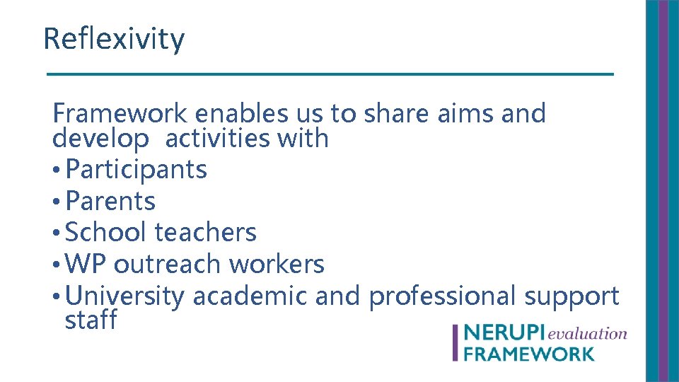 Reflexivity Framework enables us to share aims and develop activities with • Participants •