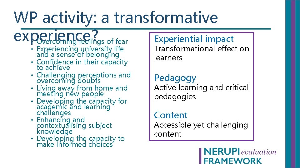 WP activity: a transformative experience? Experiential impact • Overcoming feelings of fear • Experiencing