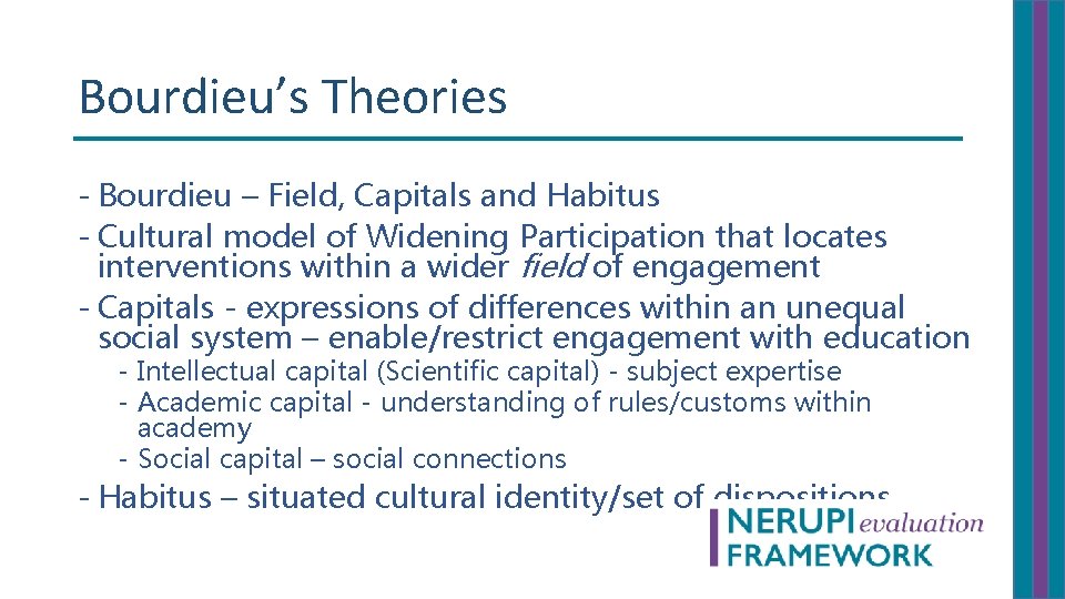 Bourdieu’s Theories - Bourdieu – Field, Capitals and Habitus - Cultural model of Widening