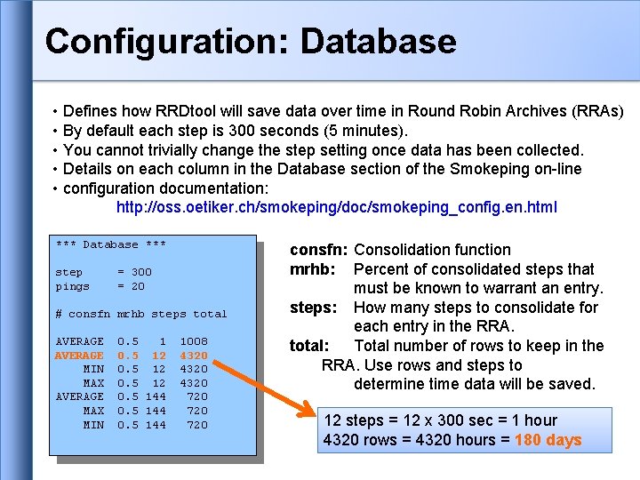 Configuration: Database • Defines how RRDtool will save data over time in Round Robin Configuration: Database • Defines how RRDtool will save data over time in Round Robin