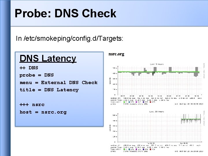 Probe: DNS Check In /etc/smokeping/config. d/Targets: DNS Latency ++ DNS probe = DNS menu Probe: DNS Check In /etc/smokeping/config. d/Targets: DNS Latency ++ DNS probe = DNS menu