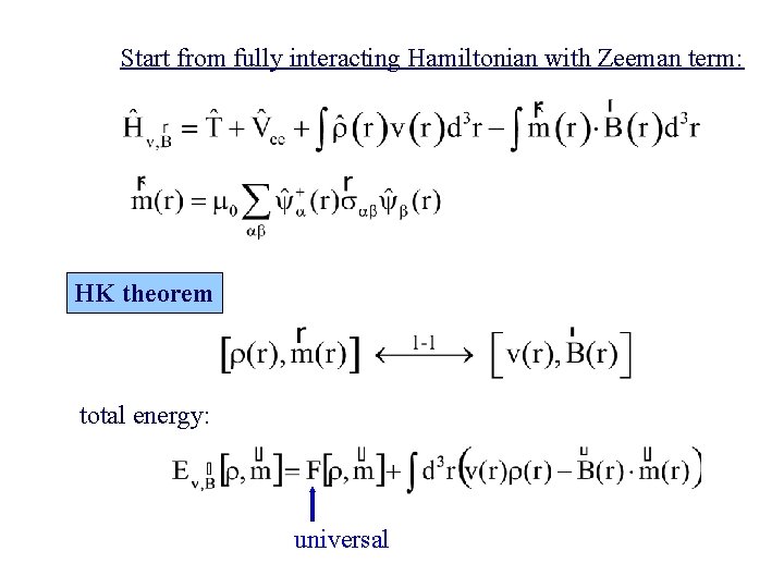 Start from fully interacting Hamiltonian with Zeeman term: HK theorem total energy: universal 